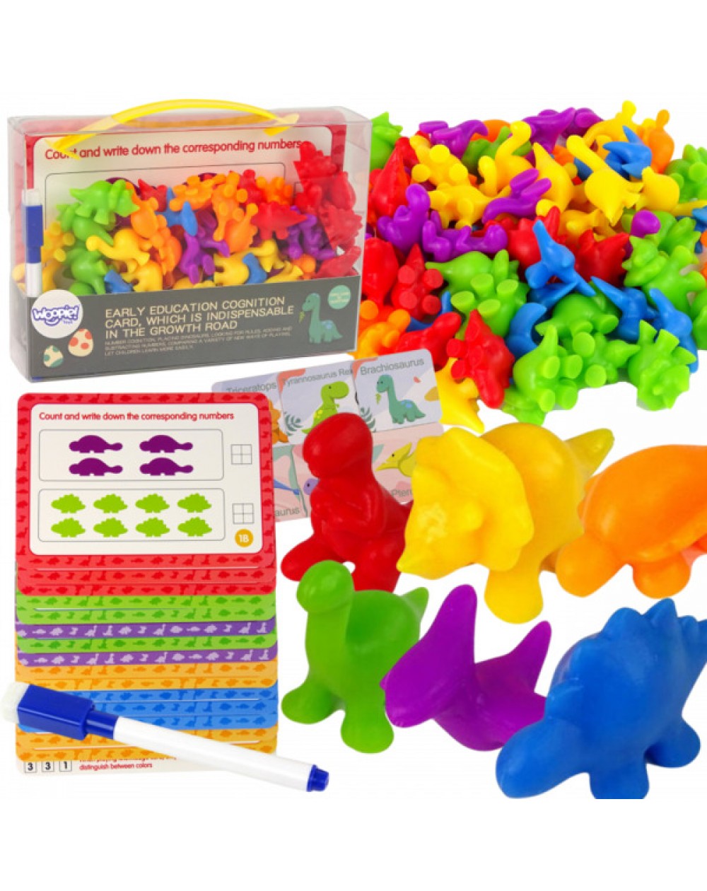 KOMPLEKTS KRĀSU APGUVEI ŠĶIROŠANA MATEMĀTIKAI 95 ELEMENTI DINOZAURI- WOOPIE GREEN