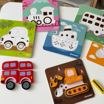 SIX MINI WOODEN PUZZLES 6IN1 TRANSPORT VEHICLES - WOOPIE