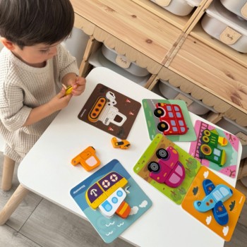 SIX MINI WOODEN PUZZLES 6IN1 TRANSPORT VEHICLES - WOOPIE