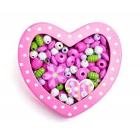 WOODEN BEADS IN HEART-SHAPED BOX PINK - WOODY
